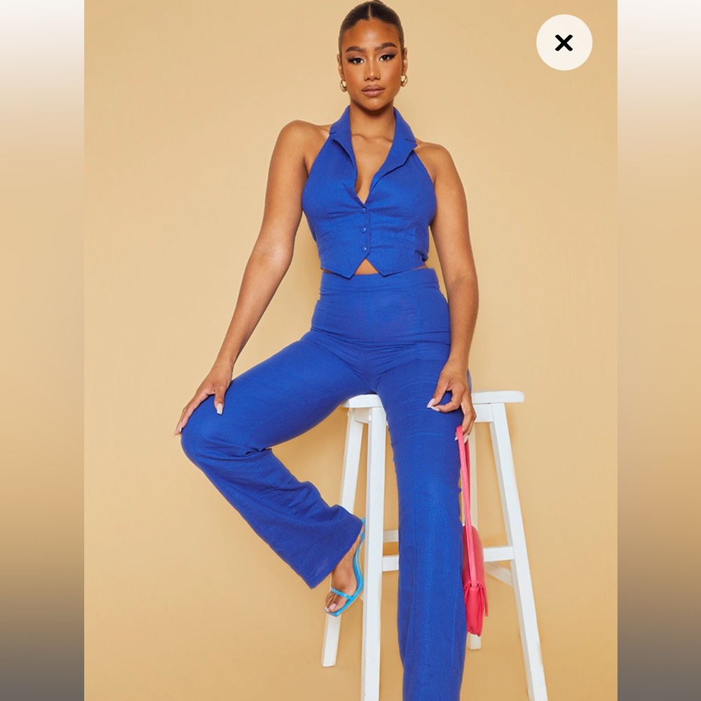 Blue Linen Look Halterneck Waistcoat and Blue Linen Look Straight Leg Pants